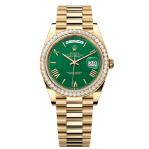 RLX  Day-Date "President" 40mm Yellow Gold Green Roman Dial Diamond Bezel - 228348rbr