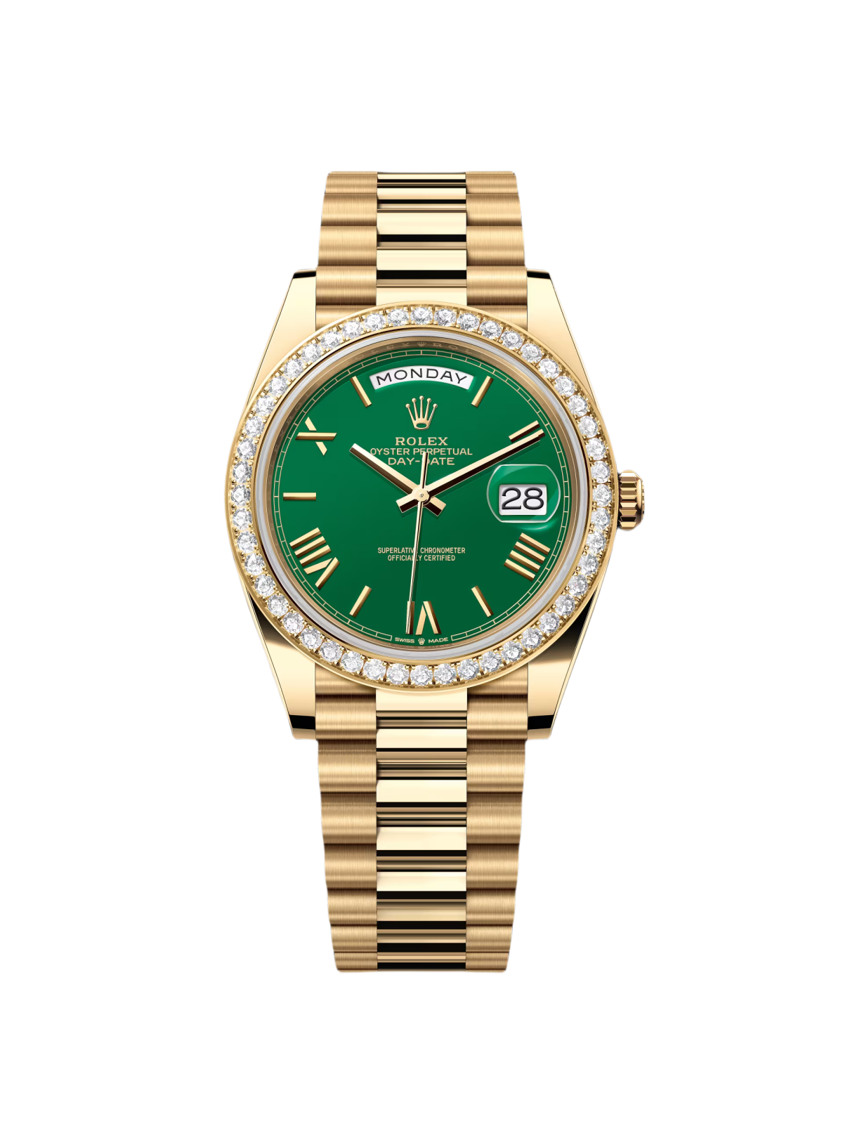 RLX Day-Date "President" 40mm Yellow Gold Green Roman Dial Diamond Bezel - 228348rbr
