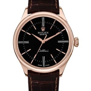 【Super Clone】Rolex Cellini Time 50505 Brown Leather Strap Black Dial 39mm Mens Replica Watch