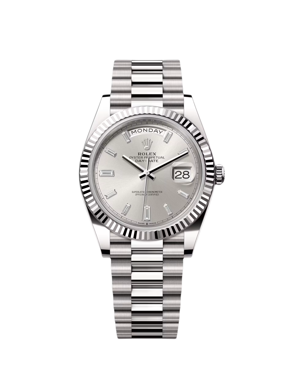 RLX Day-Date "President" 40mm White Gold Silver Diamond Baguette Dial - 228239