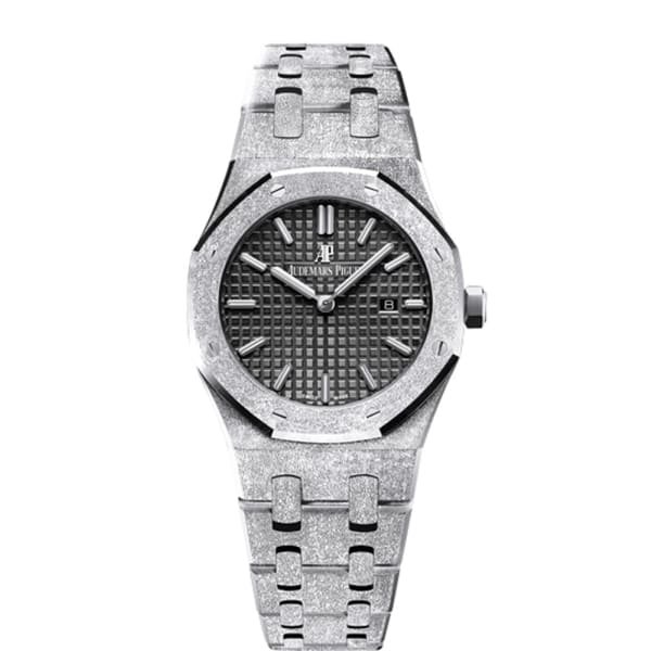 【Super Clone】Audemars Piguet Royal Oak Frosted Gold Quartz Black dial, 33mm, 18k White gold, 67653BC.GG.1263BC.02