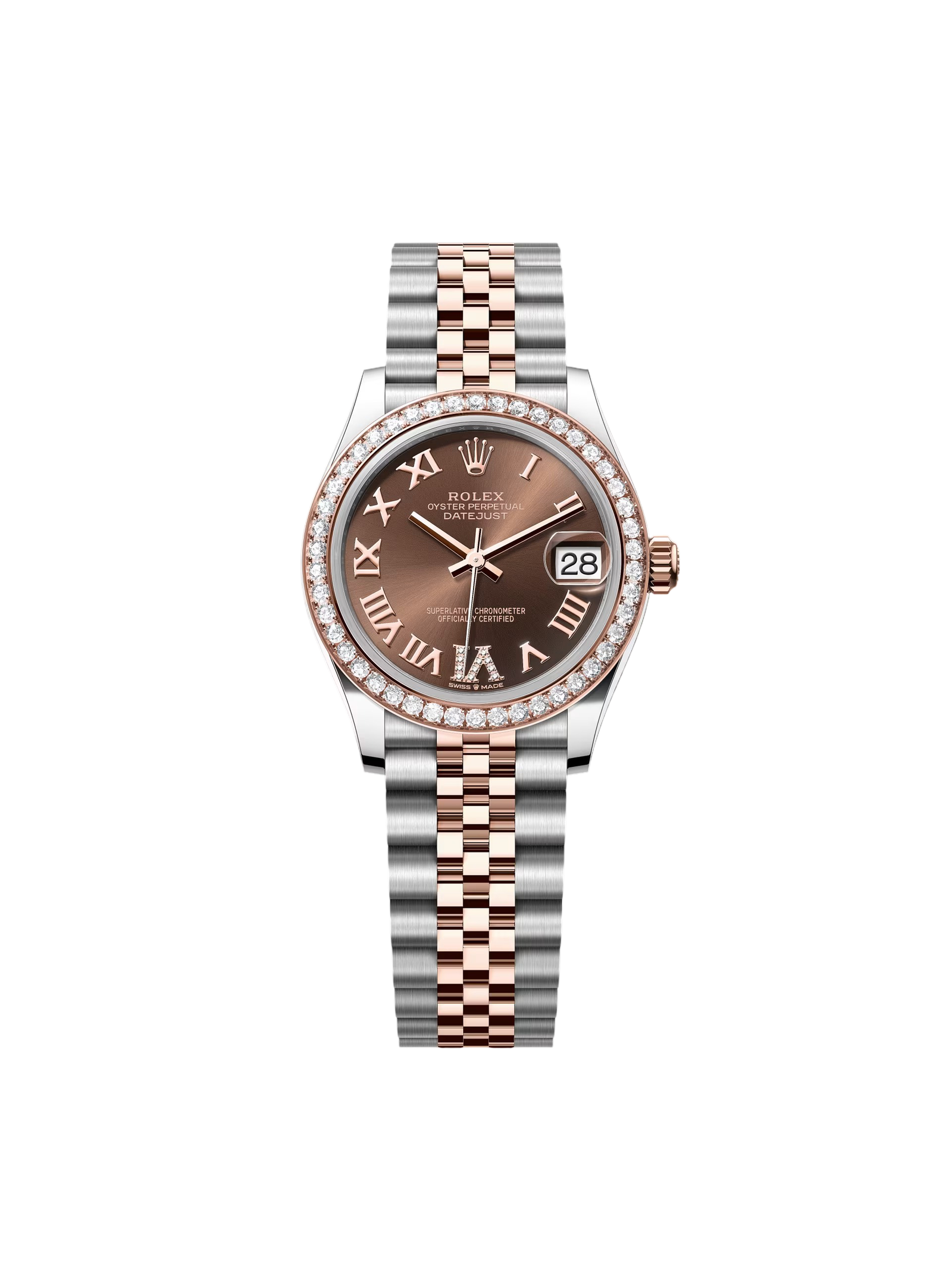 RLX Datejust m278381-0005/0006 Chocolate Roman Diamond 31mm Dial Diamond-Set Bezel and Oyster Bracelet Watch