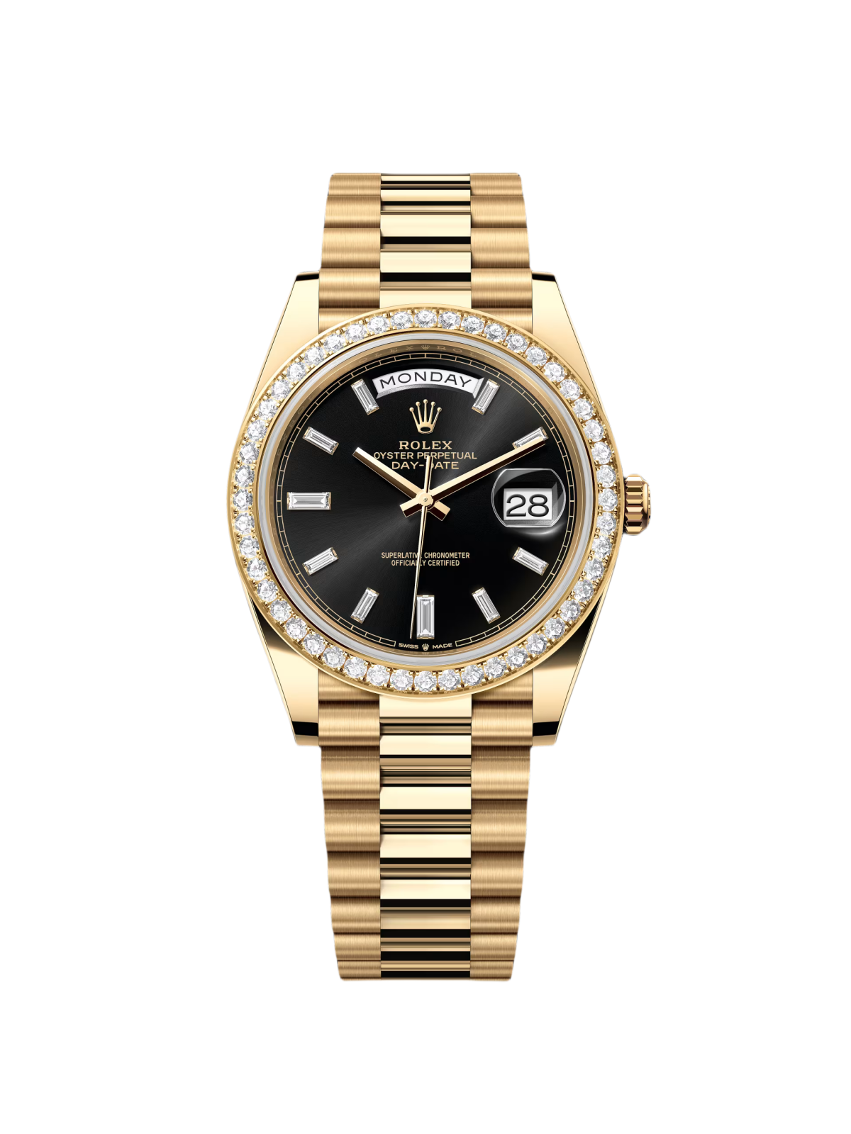 RLX Day-Date 40mm Black Diamond Dial and Diamond Bezel Yellow Gold President Bracelet 228348RBR-0001